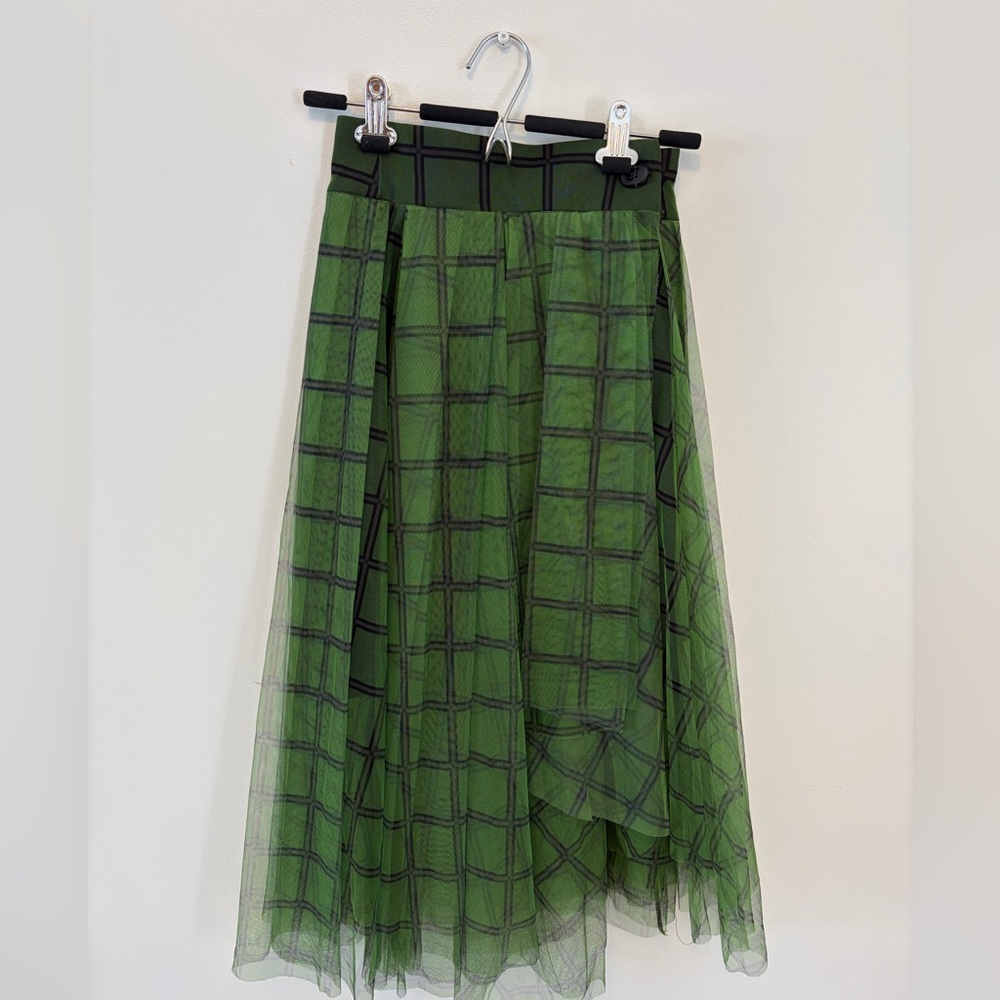 Green Plaid Midi Skirt with Layered Tulle